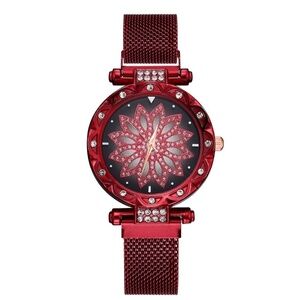 Radiant Bloom: Red & Rose Goldtone Crystal Flower Watch
